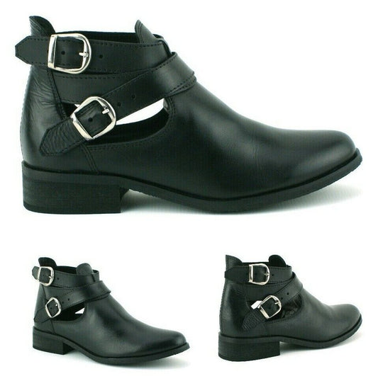 WOMENS LADIES BLACK REAL LEATHER FLAT HEEL CHELSEA ELASTICATED ANKLE BOOTS SIZE