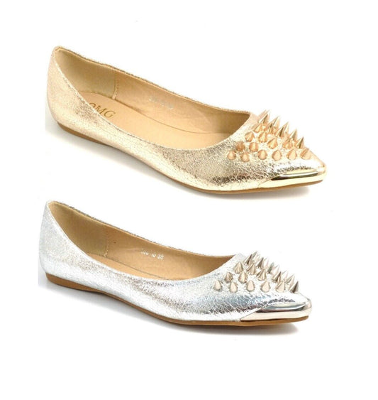 Ladies Stud Spike Flat Pointed Toe Flat Block Heel Pumps Shoes