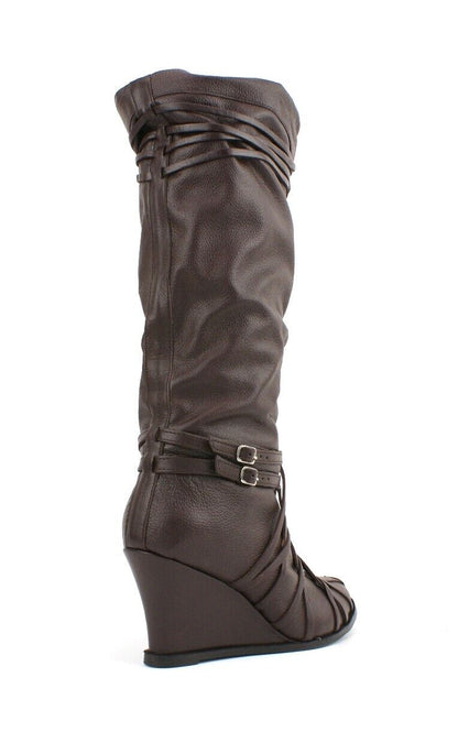 LADIES WOMENS REAL LEATHER KNEE HIGH WEDGE HEEL SMART CASUAL BOOTS SHOES SIZE