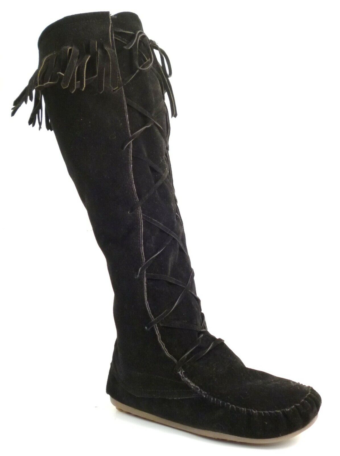 LADIES WOMENS FLAT BOHO MUKLAK FRINGE FAUX SUEDE PULL ON KNEE BOOTS SHOES SIZE 