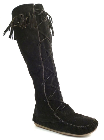 LADIES WOMENS FLAT BOHO MUKLAK FRINGE FAUX SUEDE PULL ON KNEE BOOTS SHOES SIZE 