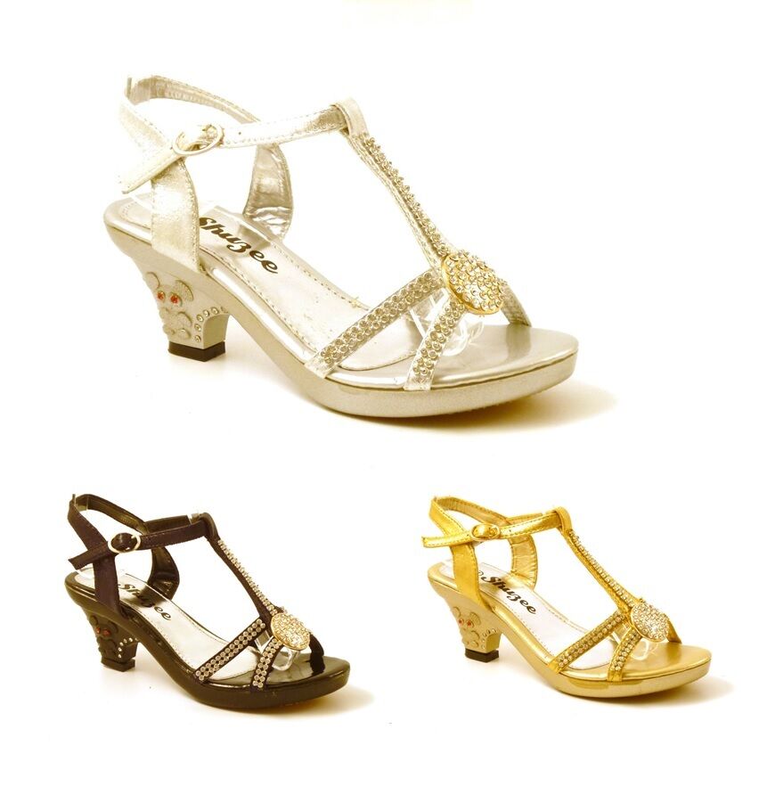 GIRLS KIDS LOW HEEL DIAMANTE TRIM WEDDING EVENING PARTY SANDALS
