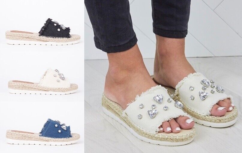 LADIES WOMENS FLAT ESPADRILLE SLIP ON DENIM DIAMANTE EMBELLISHED MULE SANDALS 