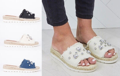 LADIES WOMENS FLAT ESPADRILLE SLIP ON DENIM DIAMANTE EMBELLISHED MULE SANDALS 