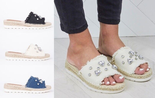LADIES WOMENS FLAT ESPADRILLE SLIP ON DENIM DIAMANTE EMBELLISHED MULE SANDALS 