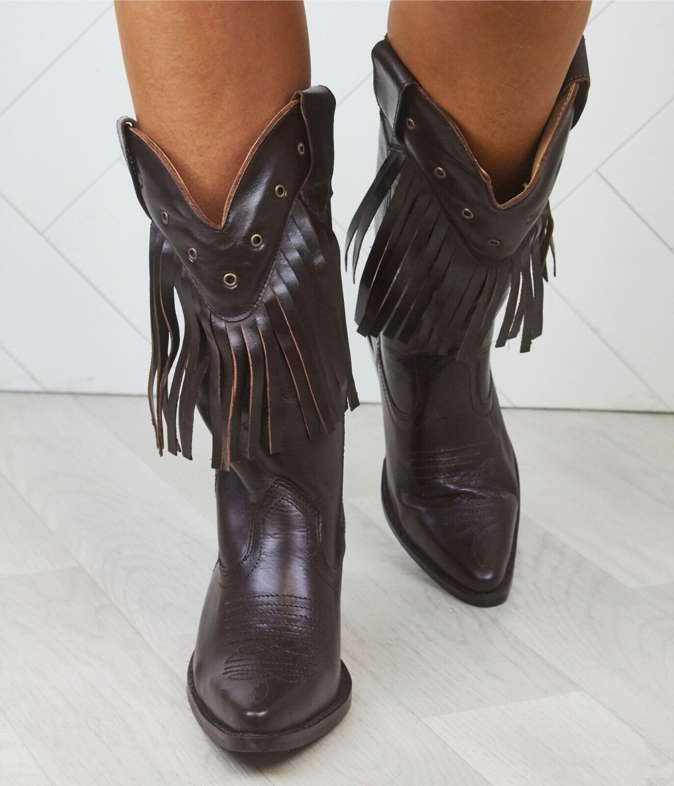 WOMENS LADIES REAL LEATHER COWBOY WESTERN STYLE ANKLE FRINGE BOOTS SHOES SIZE
