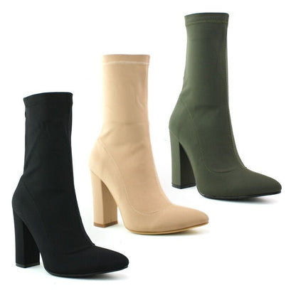 LADIES WOMENS BLOCK HEEL ANKLE HIGH BOOTS STRETCH LYCRA BOOTS SHOES SIZE 3 - 8