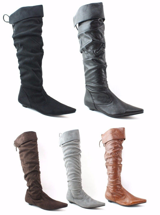 LADIES WOMENS SUEDE KNEE BOOTS LOW FLAT HEEL PULL ON PIRATE STYLE SHOES SIZE 