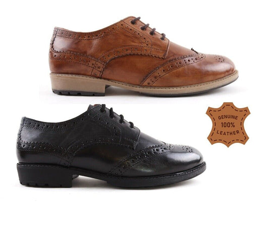 MENS NEW REAL LEATHER OXFORD LACE UP BROGUE FORMAL SMART RUBBER SOLE SHOES SIZE