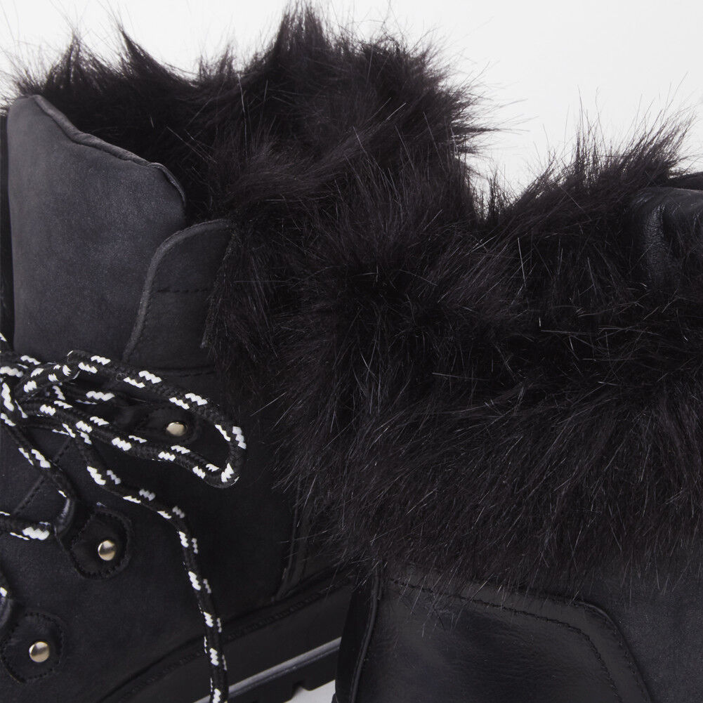 Ladies Womens Grip Sole Ski Moon Style Lace Up Faux Fur Collar Ankle Boots Shoes