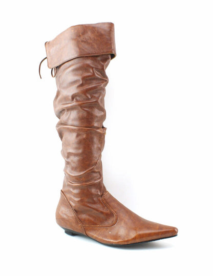 LADIES WOMENS SUEDE KNEE BOOTS LOW FLAT HEEL PULL ON PIRATE STYLE SHOES SIZE 
