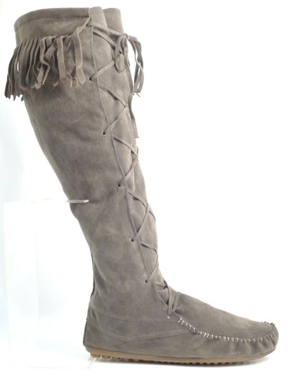 LADIES WOMENS FLAT BOHO MUKLAK FRINGE FAUX SUEDE PULL ON KNEE BOOTS SHOES SIZE 