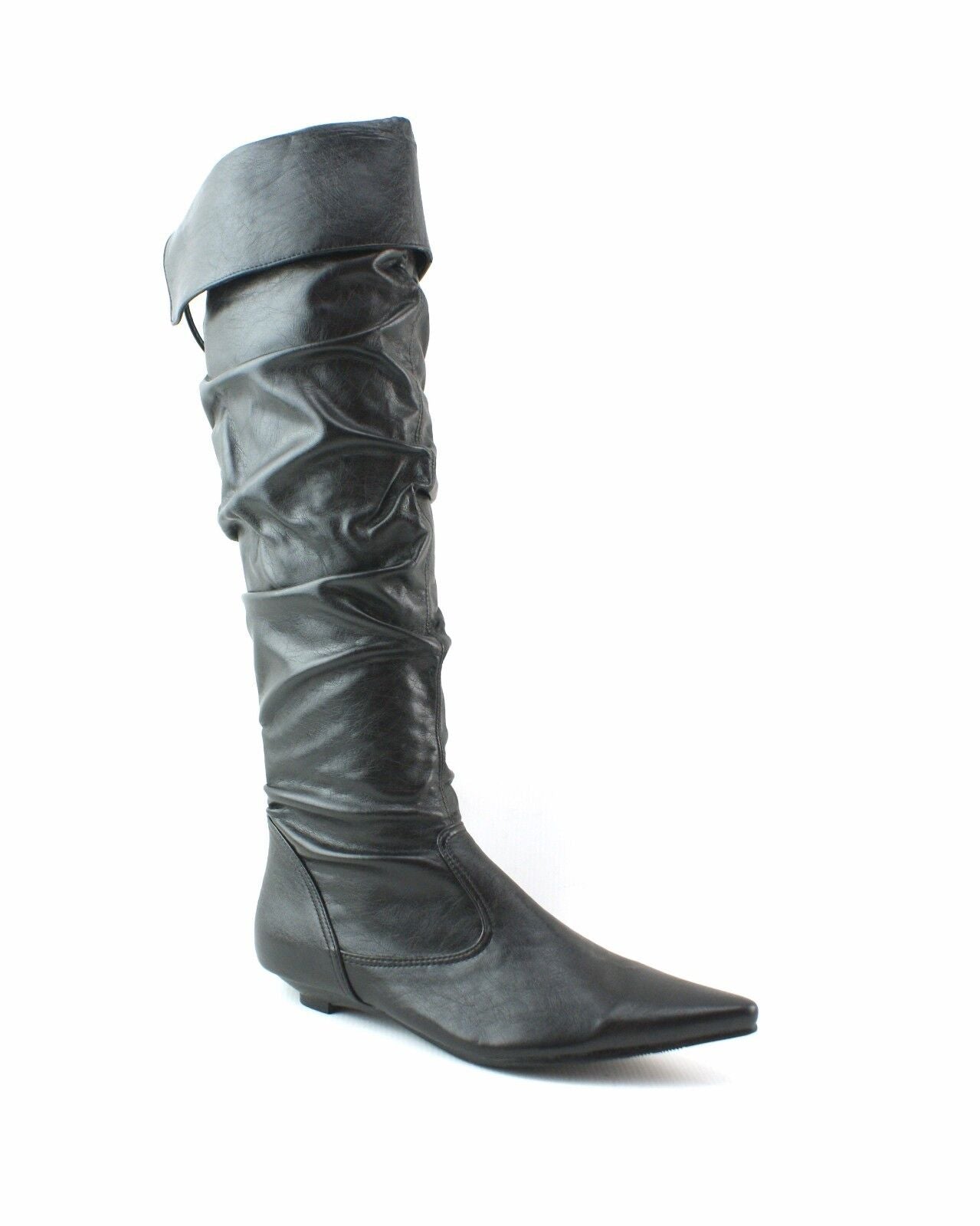 LADIES WOMENS SUEDE KNEE BOOTS LOW FLAT HEEL PULL ON PIRATE STYLE SHOES SIZE 