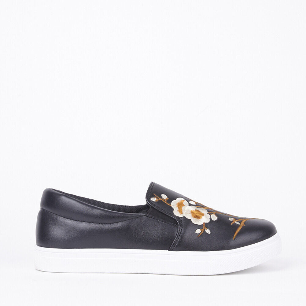 Ladies Womens Embroided Flat Rubber Sole Skater Pumps Sneaker Trainers Shoes 