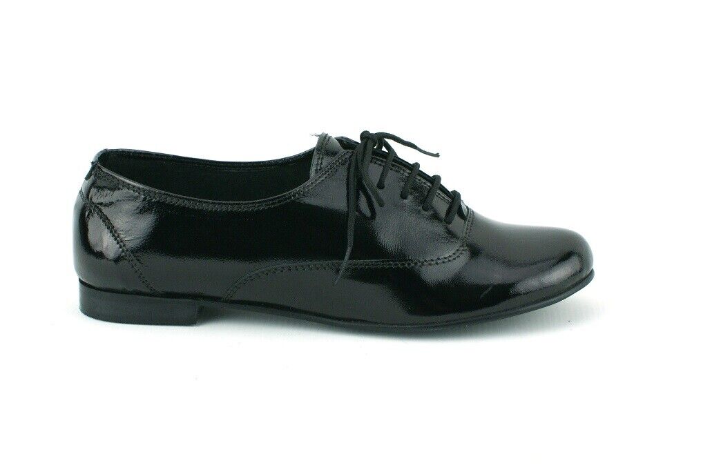 LADIES WOMENS REAL LEATHER FLAT BLACK PATENT FORMAL LACE UP PUMPS