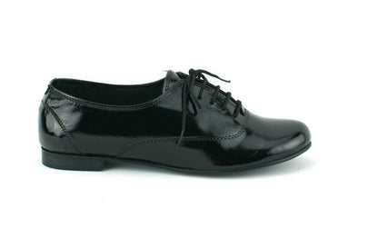 LADIES WOMENS REAL LEATHER FLAT BLACK PATENT FORMAL LACE UP PUMPS SHOES SIZE 