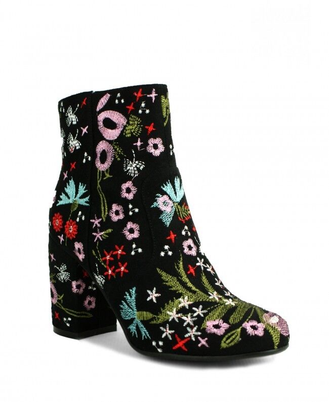 LADIES WOMENS FLORAL EMBROIDED BLACK SUEDE BLOCK HEEL RETRO ANKLE BOOTS SIZE