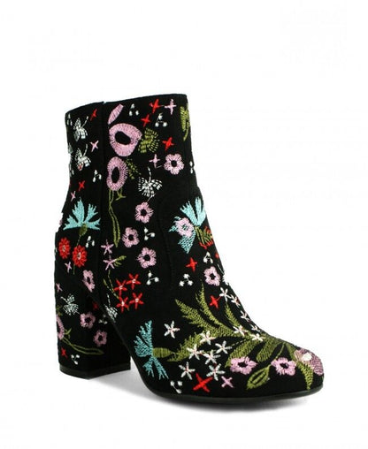 LADIES WOMENS FLORAL EMBROIDED BLACK SUEDE BLOCK HEEL RETRO ANKLE BOOTS SIZE