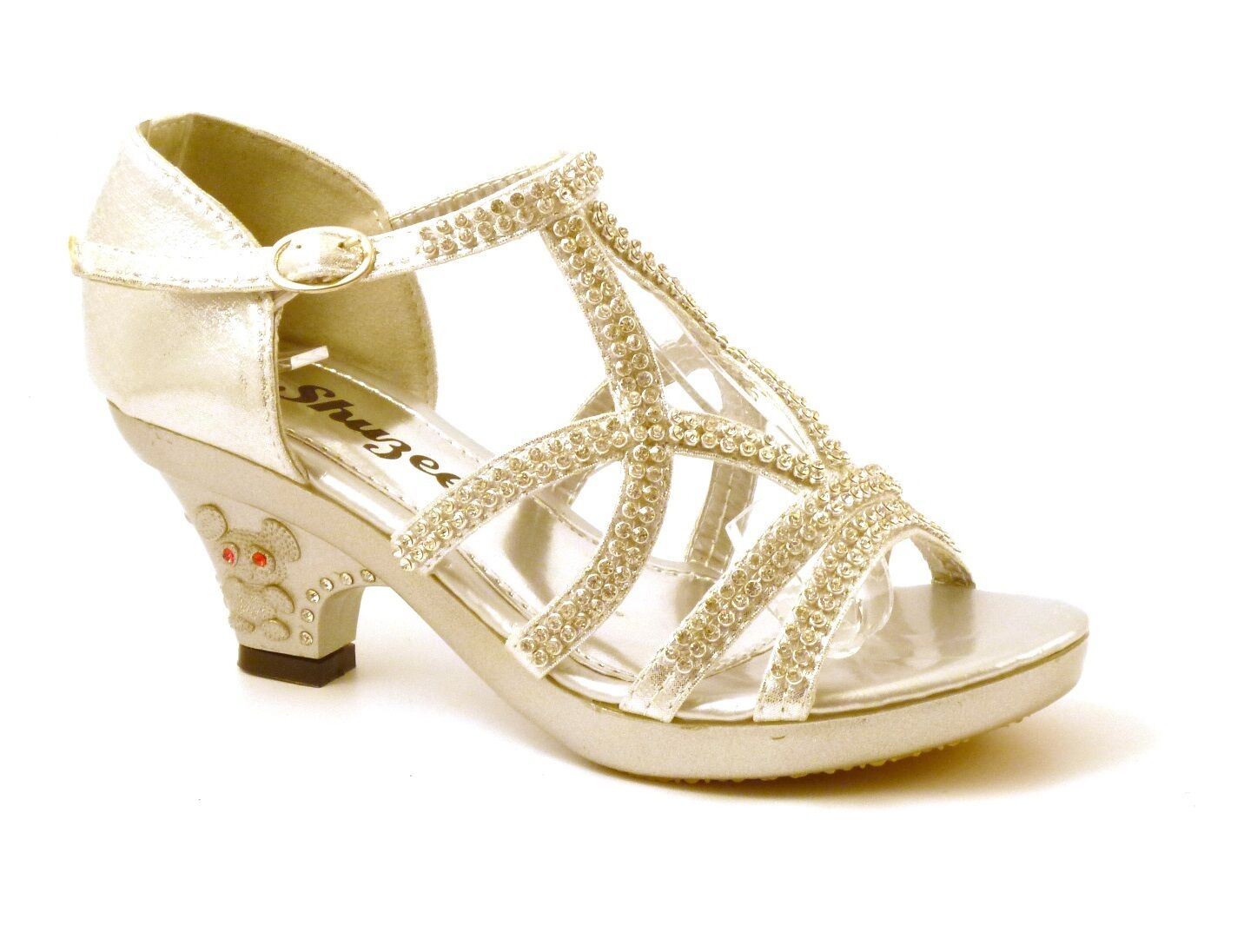 GIRLS KIDS LOW HEEL DIAMANTE TRIM WEDDING BRIDESMAID SANDALS SHOES PUMPS SIZE