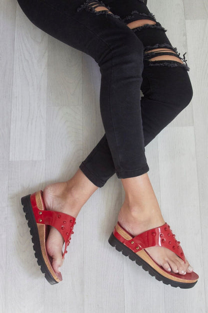 LADIES WOMENS TOE POST STUDS LOW WEDGE FLIP FLOPS SUMMER SANDALS SHOES SIZE 