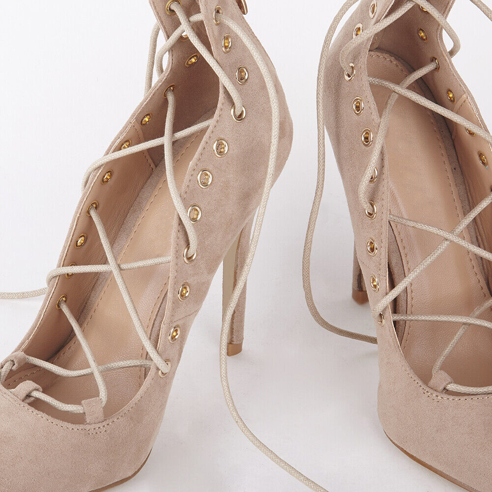LADIES WOMENS STILLETTO HEEL POINTED TOE ANKLE LACE FAUX SUEDE COURT SHOES SIZE