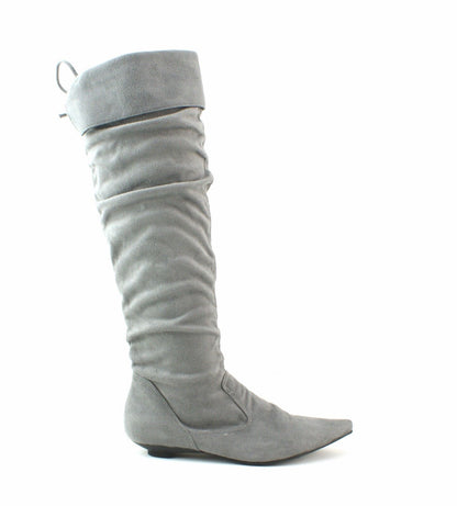 LADIES WOMENS SUEDE KNEE BOOTS LOW FLAT HEEL PULL ON PIRATE STYLE SHOES SIZE 