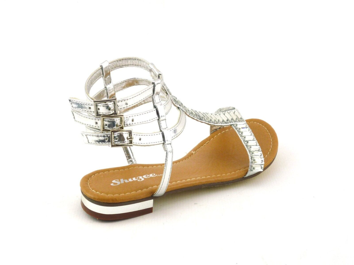 WOMENS LADIES NEW FLAT HEEL DIAMANTE CRYSTAL GLADIATOR SUMMER SANDALS SHOES SIZE