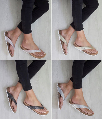 LADIES WOMENS TOE POST LOW WEDGE FLIP FLOPS FOOT BED SUMMER SANDALS SHOES SIZE 
