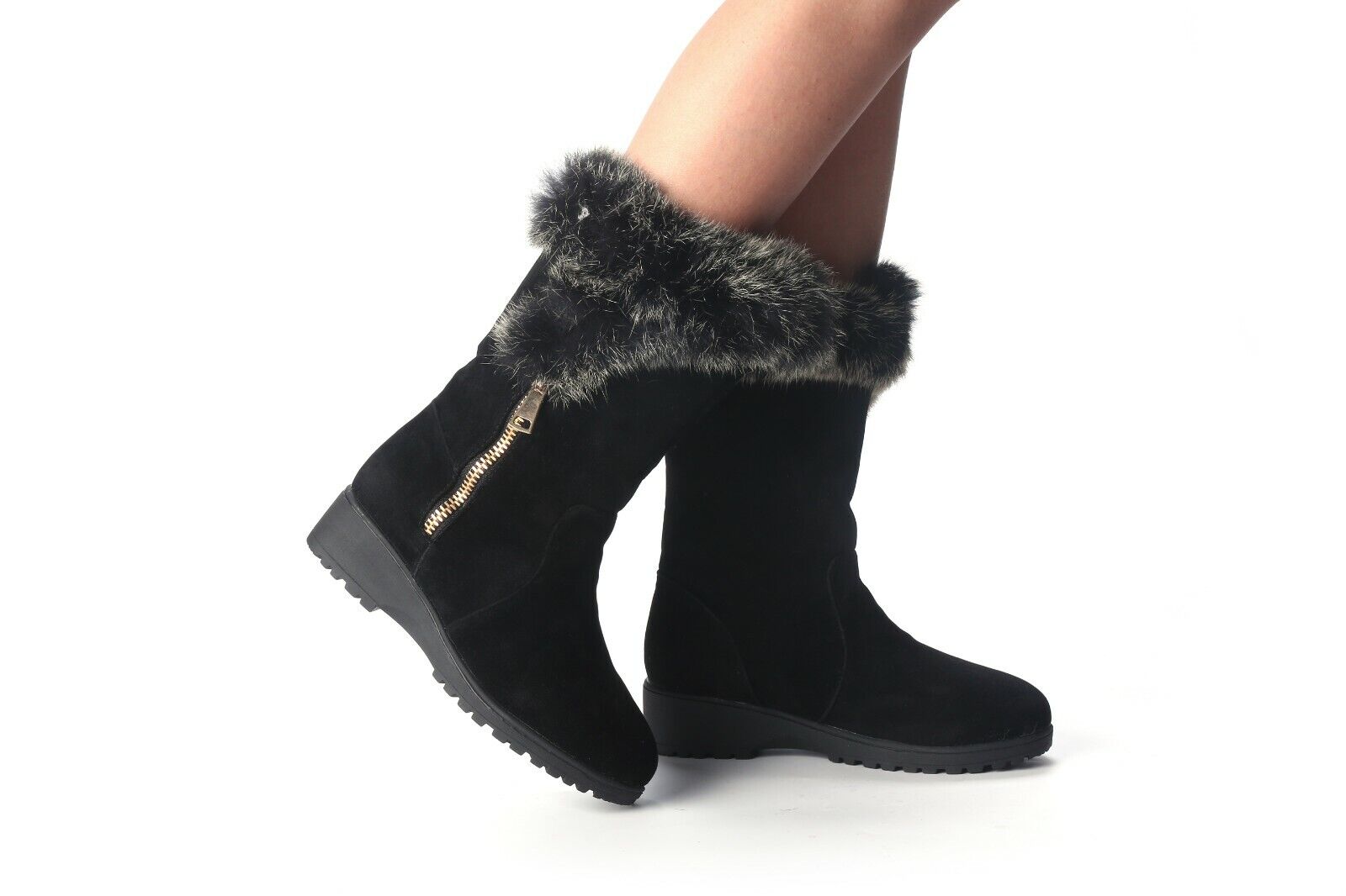 LADIES WOMENS LOW WEDGE FLEECE LINED FAUX SUEDE ZIP WINTER WARM FUR BOOTS SHOES
