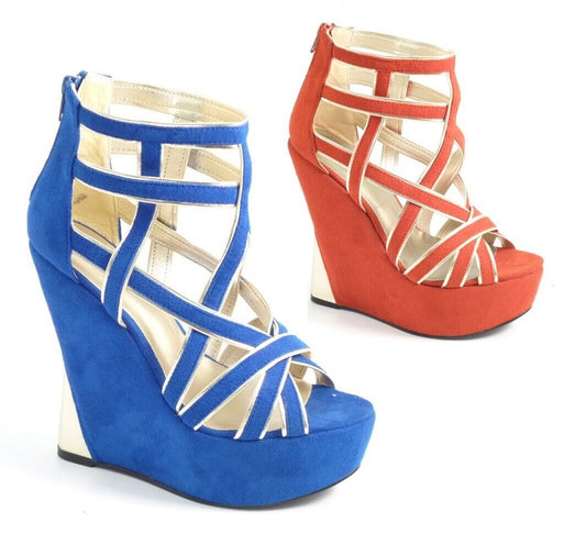 LADIES WOMENS CUT OUT CAGE PLATFORM WEDGE ZIP UP PEEP TOE SUMMER SANDALS SHOES 