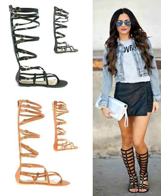 LADIES WOMENS GLADIATOR STRAPPY SANDALS FLAT KNEE HIGH ZIP UP BOOTS SHOES SIZE