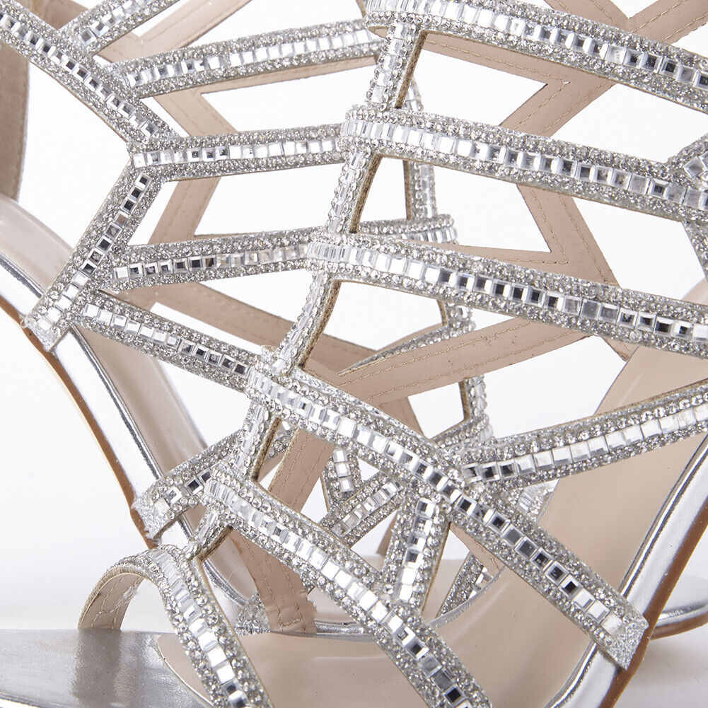 LADIES WOMENS DIAMANTE HIGH HEEL EVENING CUT OUT PEEP TOE SANDALS SHOES SIZE 
