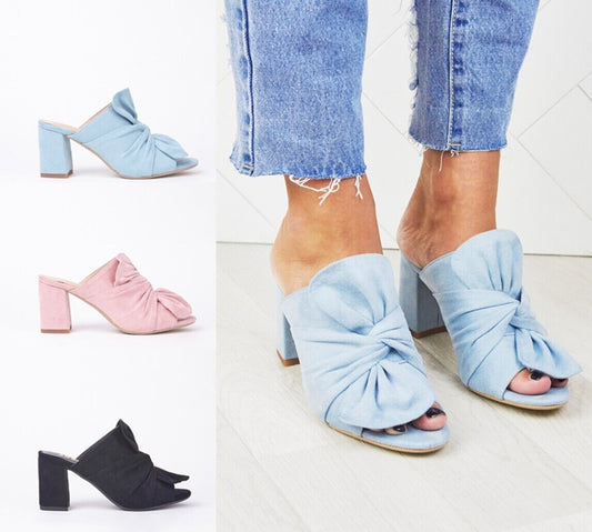 LADIES WOMENS PEEP TOE BLOCK HEEL FAUX SUEDE MULE SANDALS SHOES SIZE 