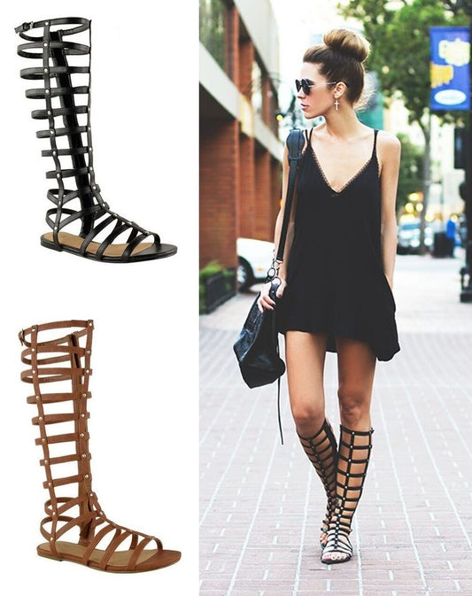 LADIES WOMENS GLADIATOR SANDALS STRAPPY FLAT KNEE HIGH ZIP UP BOOTS SHOES SIZE