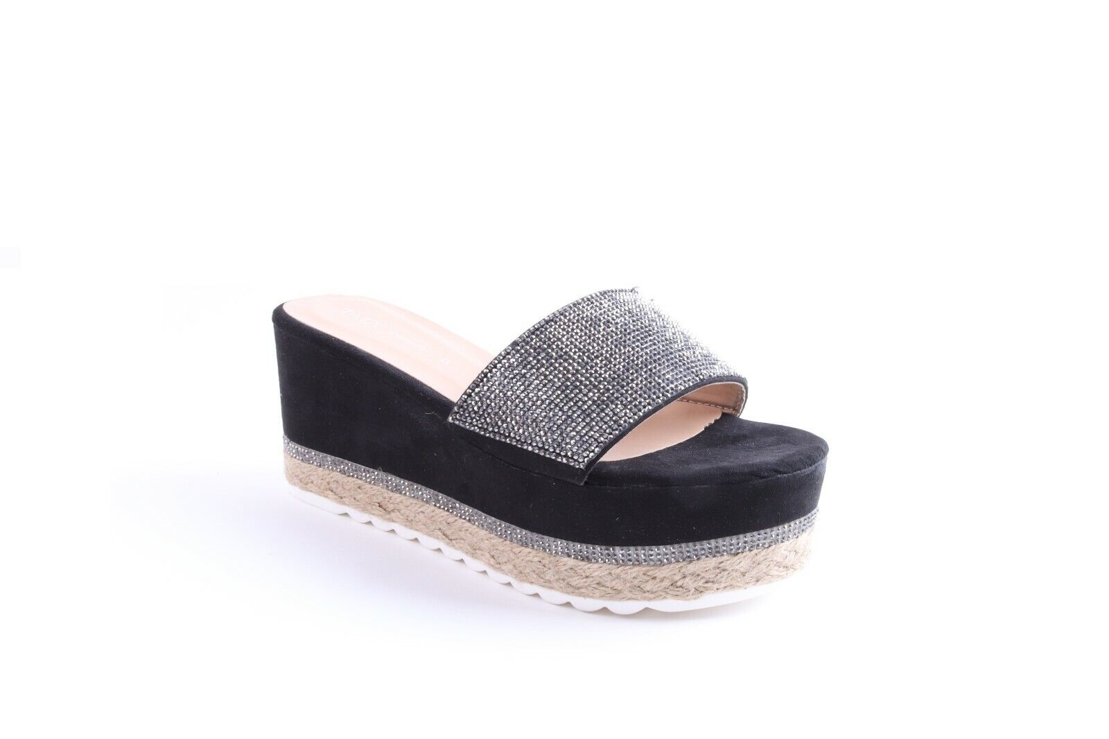 Ladies Flat Espadrille Diamante Slip On Mule Sandal Platform Summer Shoes