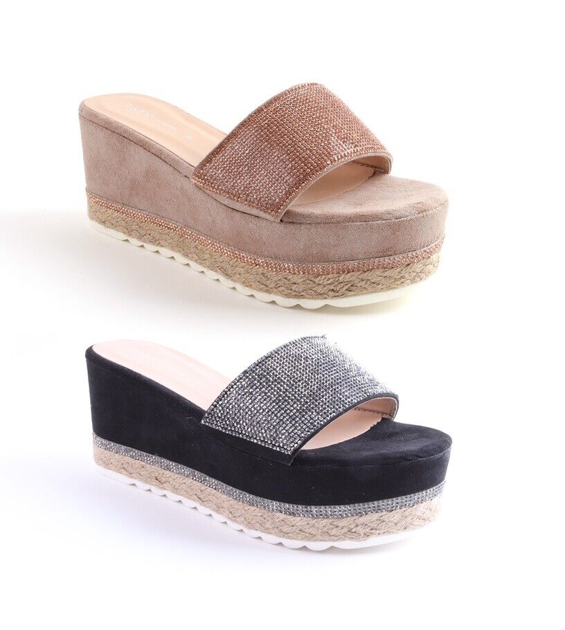 Ladies Flat Espadrille Diamante Slip On Mule Sandal Platform Summer Shoes