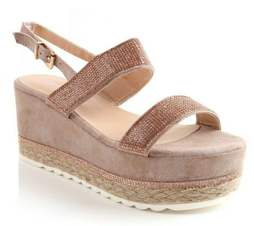 Ladies Flat Espadrille Diamante Sling Back Sandal Platform Summer Shoes