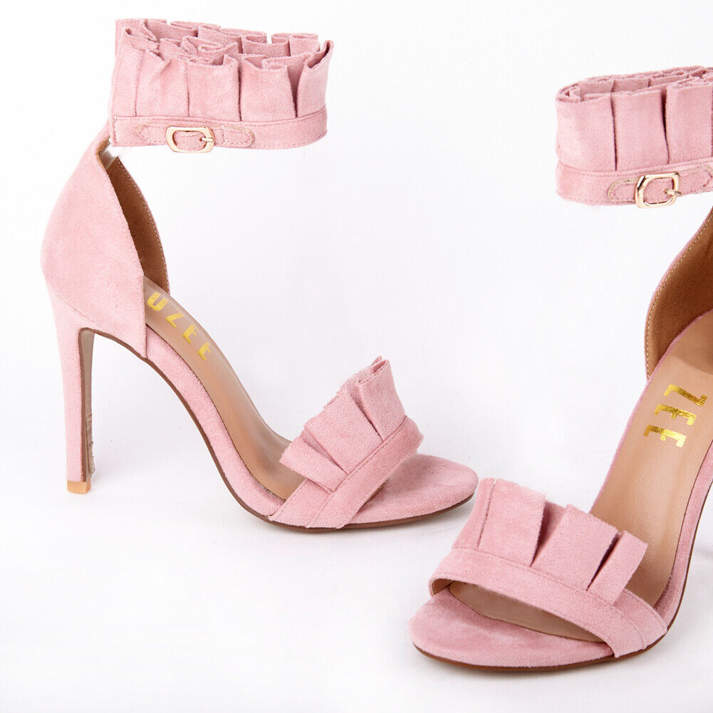 LADIES WOMENS FRILL DETAIL HIGH HEEL STILLETTO OPEN PEEP TOE SANDALS SHOES SIZE 