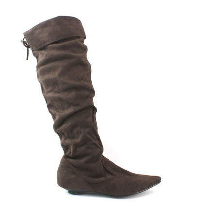 LADIES WOMENS SUEDE KNEE BOOTS LOW FLAT HEEL PULL ON PIRATE STYLE SHOES SIZE 