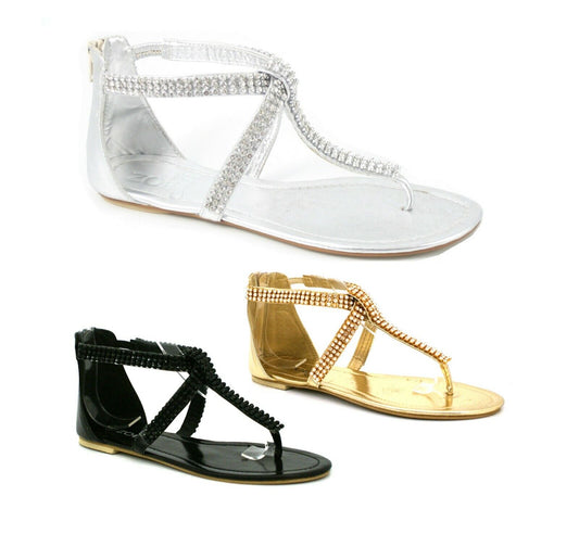 LADIES WOMENS DIAMANTE DETAIL FLAT GLADIATOR ROMAN THONG TOE POST SANDALS SHOES 