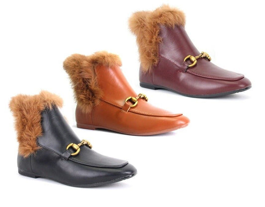 LADIES WOMENS VINTAGE RETRO FLAT FAUX FUR COLLAR ANKLE LOAFER BOOTS SHOES SIZE 