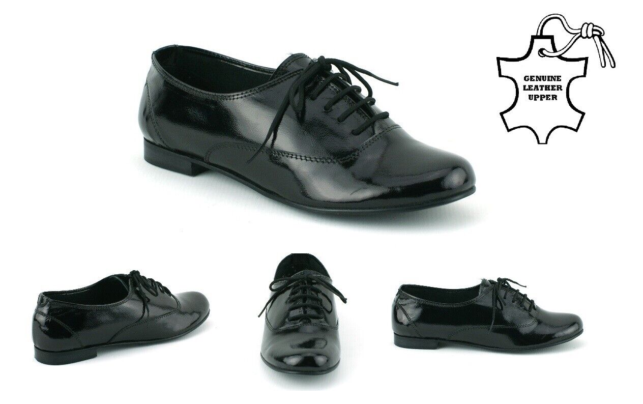 LADIES WOMENS REAL LEATHER FLAT BLACK PATENT FORMAL LACE UP PUMPS SHOES SIZE 