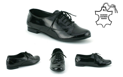 LADIES WOMENS REAL LEATHER FLAT BLACK PATENT FORMAL LACE UP PUMPS SHOES SIZE 