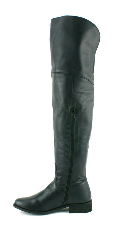 LADIES WOMENS REAL LEATHER OVER THE KNEE HIGH FLAT HEEL CASUAL BOOTS SHOES SIZE