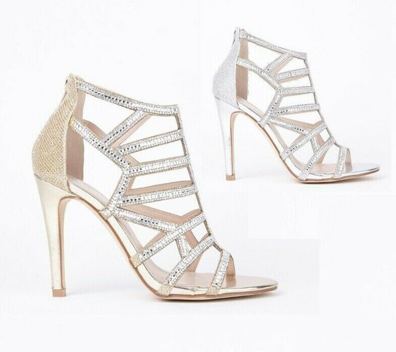 LADIES WOMENS DIAMANTE HIGH HEEL EVENING CUT OUT PEEP TOE SANDALS SHOES SIZE 