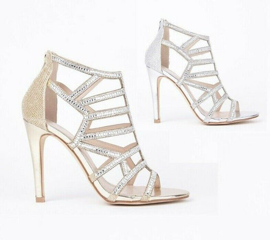 LADIES WOMENS DIAMANTE HIGH HEEL EVENING CUT OUT PEEP TOE SANDALS SHOES SIZE 