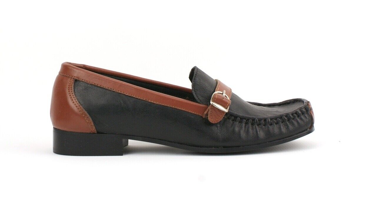 LADIES WOMENS REAL LEATHER FLAT BLOCK HEEL BLACK TAN LOAFERS PUMPS SHOES SIZE 