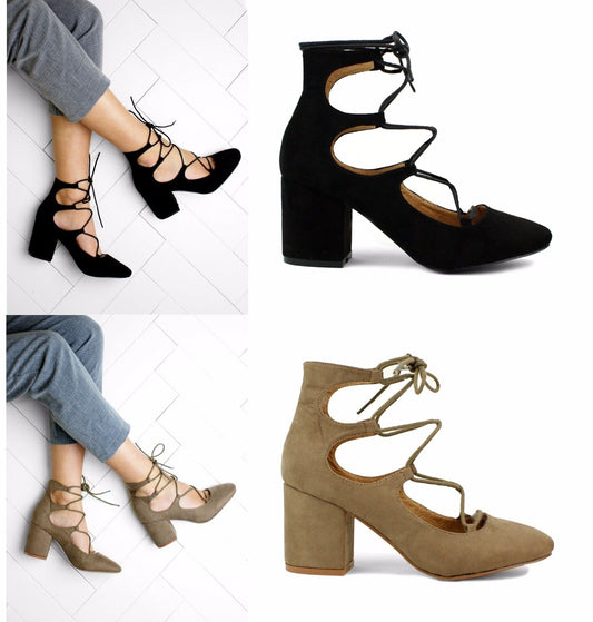 LADIES LOW BLOCK HEEL LACE UP TIE CLOSED TOE FAUX SUEDE SHOES