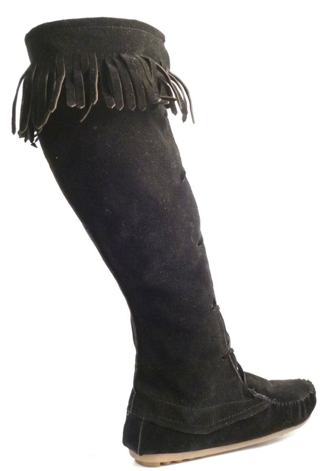 LADIES WOMENS FLAT BOHO MUKLAK FRINGE FAUX SUEDE PULL ON KNEE BOOTS SHOES SIZE 