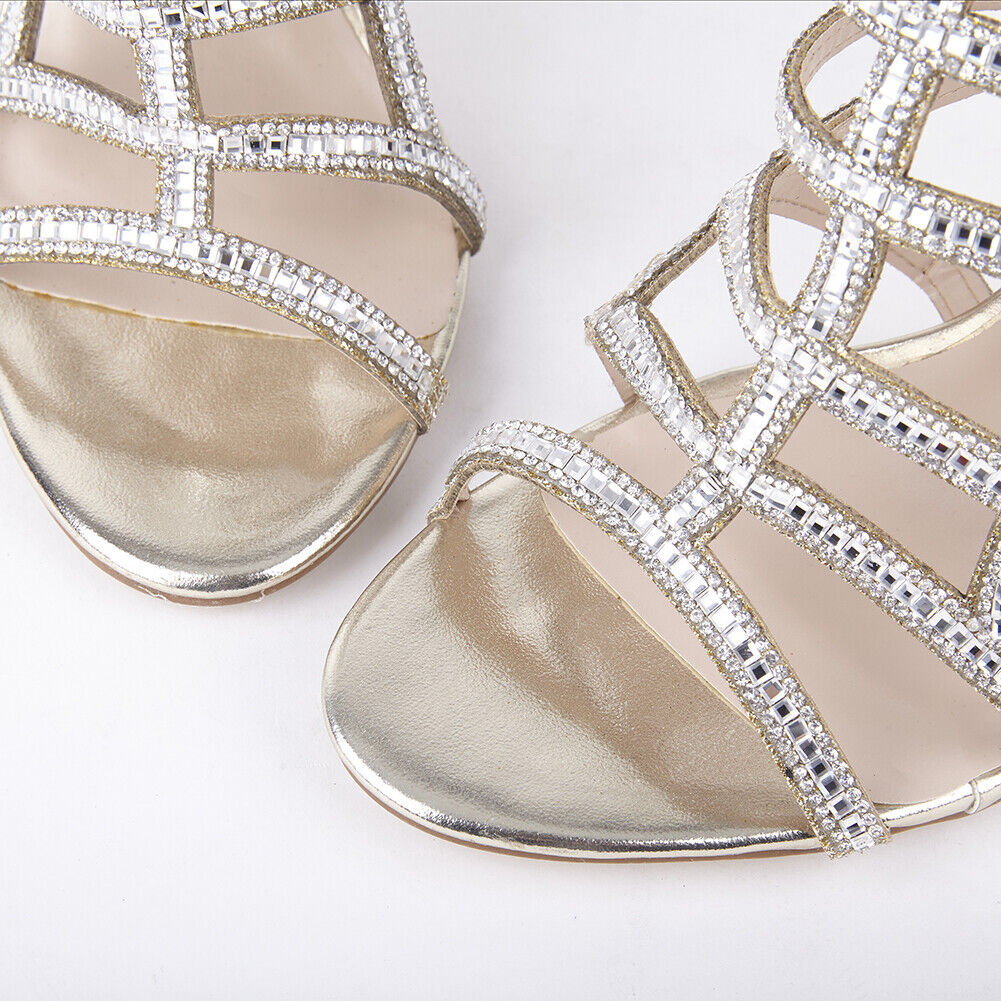 LADIES WOMENS DIAMANTE HIGH HEEL EVENING CUT OUT PEEP TOE SANDALS SHOES SIZE 